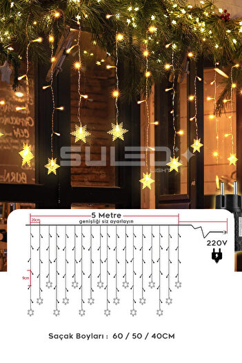 SULED Kar Tanesi 5 Metre Modlu Perde Led Işık 19 Saçak Gün Işığı 220V Fişli Dekoratif İç & Dış Mekan