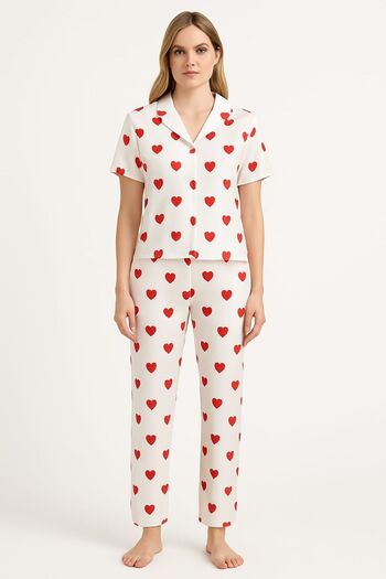 enmodaiçgiyim Heart Patterned Women's Pajama Set – Milan Fabric, Buttoned from Top to Bottom, Stylish Summer Home Wear