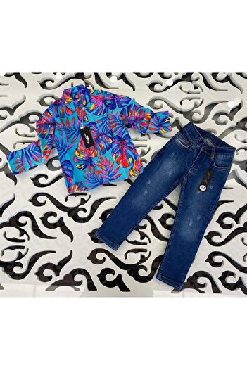 Marka Sensin Kids Boy's Hawaiian Model Long Sleeve Shirt Jeans 2 Piece Set
