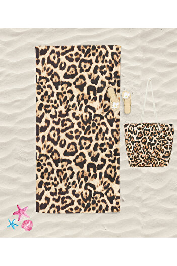 Erays Home Leopard Patterned Beach Towel and Beach Bag Set Sea Towel Digital Printed Towel Beach Set