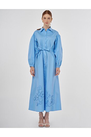 Kayra Flower Appliqued Cotton Dress Dust Smoke