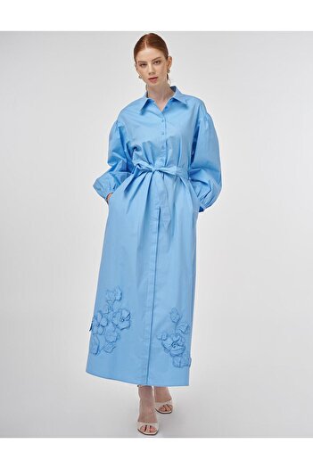 Kayra Flower Appliqued Cotton Dress Dust Smoke