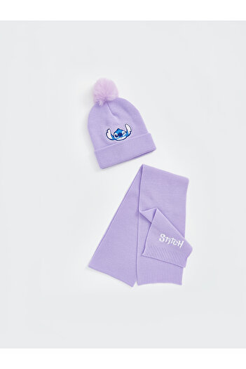 LC Waikiki Stitch Embroidered Girl's Beret and Scarf Set