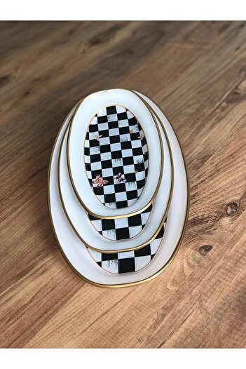 B&M Presentation Checkerboard Patterned Boat Plate Set of 3