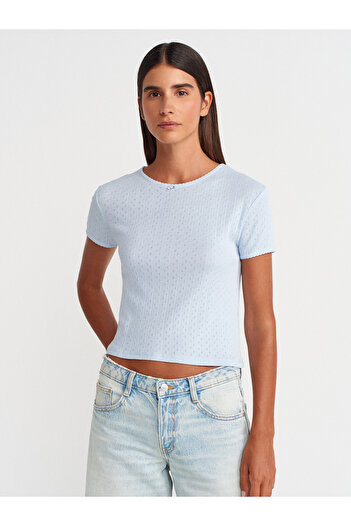 Dilvin 31795 Bow Detailed Short Sleeve Contrast T-Shirt-Light Blue
