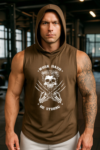 BESSA Brown Hooded Sports Tank Top Work Hard Printed Oversize Cotton Fabric Fitness Men