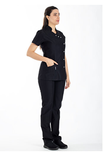 Alsancak Üniforma Luxe Flex Black Lycra Thin Stretch Fabric Doctor Uniform and Nurse Uniform Set