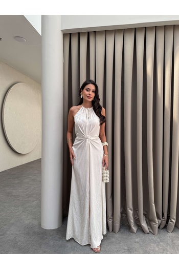ESRAHELVACI Cream Waist Tie Slit Dress