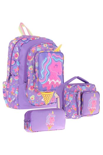 KAUKKO Kids Kız Çocuklara Özel (Mor Sarı - Unicorn Detaylı) Üçlü Okul Çantası Seti