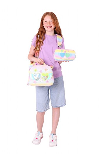 KAUKKO Kids Kız Çocuk Simli Kalp ve Çiçek Detaylı İlkokul 1.2.3.4. Sınıf Üçlü Okul Çanta Seti