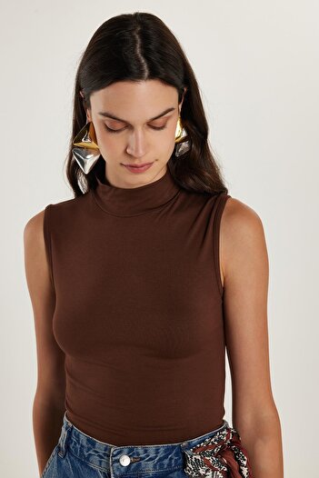 Tudors Women's Regular Fit Classic Cut Viscose Fabric Turtleneck Zero Sleeve Brown Blouse
