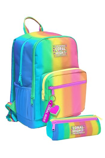 Coral High Girl's Backpack and Pen Holder Set - Colorful Striped Blue Orange - Primary School