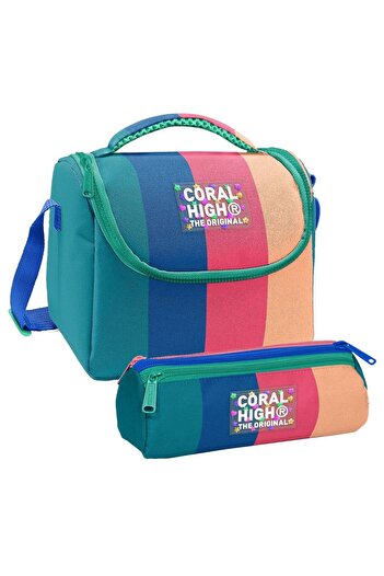 Coral High Girl's Green Blue Pink Colored Striped Lunch Box and Three Compartment Pen Holder Set