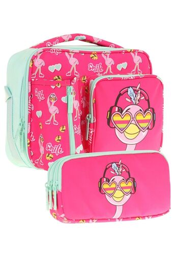 KAUKKO Kids Girl Red Green Flamingo Patterned Lunchbox and Pen Holder Set (L7235+L8235)