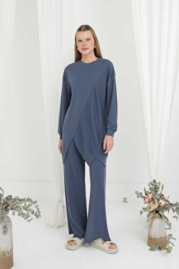 Puane Women's Indigo Color Relaxed Fit Asymmetrical Detailed Trousers Suit 14355