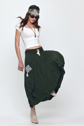 hazelin Women's Khaki Embroidery Detailed Lace-Up Shalwar Skirt Hzl25S-Vm19001