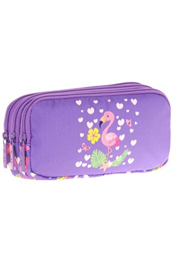 KAUKKO Kids Three Compartment Purple Pink, Flamingo, Girls' School Pen Holder - L8226
