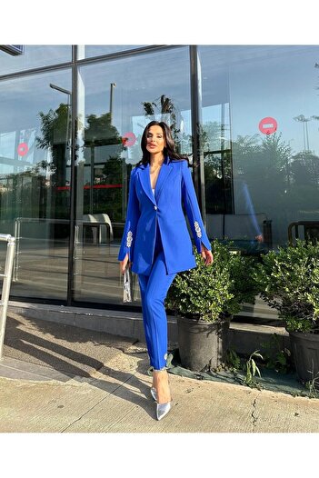 LOBOLIC Women's Stone Detailed Jacket Pants Suit- Bottom Top Set