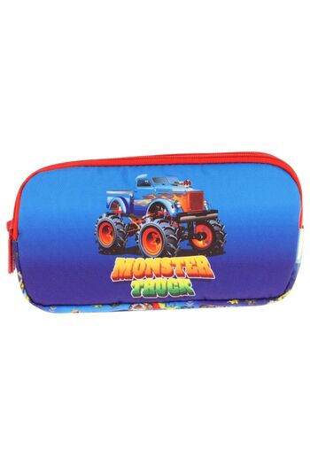 KAUKKO Kids Red Blue, Monster Truck, Boys Three Compartment School Pencil Bag - L8257