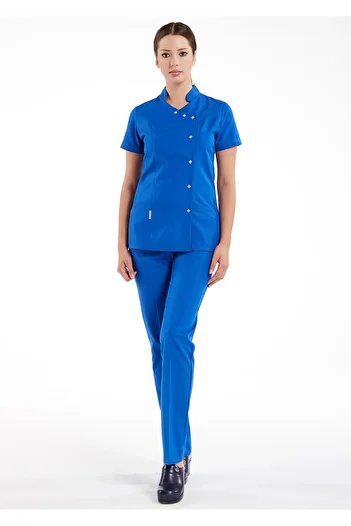 Alsancak Üniforma Luxe Flex Saks Blue Lycra Țesătură flexibilă subțire Set de uniforme pentru medic și asistentă