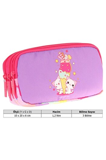 KAUKKO Kids Kırmızı Mor, Dondurma Temalı, Kız Çocuk Üç Gözlü Okul Kalem Çantası - L8247