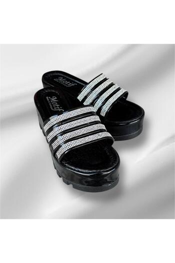İpek Silk Women's Black Patent Leather Wedge-Heeled Stone Platform Soft Orthopedic Sole Slippers