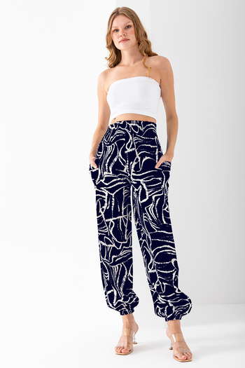 GİYSA Women's Mosaic Patterned Double Pocket Shalwar Trousers Navy Blue - 2460