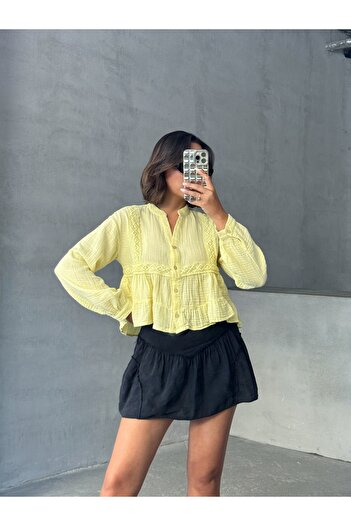 BEJNA Women's Yellow Lace Detailed Muslin Shirt