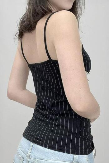 Köstebek Black Lace Detailed White Stripe Y2K Strap Crop