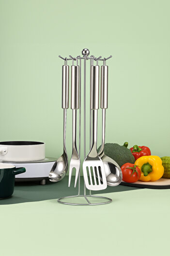 Vadi 6 Piece Stainless Steel Kitchen Utensil Set with Hanger - Ladle, Colander, Spatula