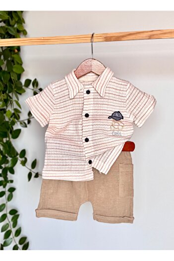 KapsülBebek 100% Organic Cotton Muslin 2 Pcs Summer Baby Boy Set – Short Sleeve Shirt, Shorts