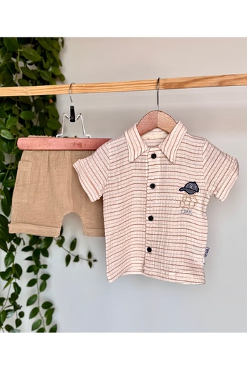 KapsülBebek 100% Organic Cotton Muslin 2 Pcs Summer Baby Boy Set – Short Sleeve Shirt, Shorts