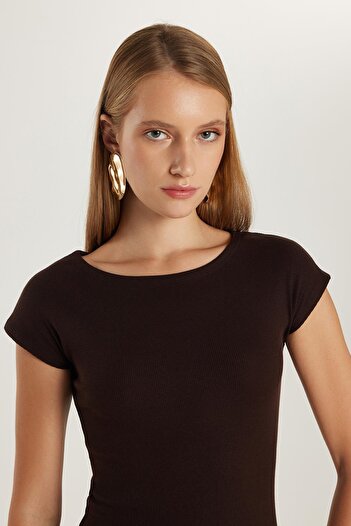 Tudors Women's Modal Fabric Slim Fit Slim Fit Short Sleeve Crew Neck Brown Dress