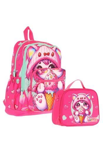 KAUKKO Cat Eating Ice Cream Printed Girl's School Bag and Lunch Box Set - Pink (L5250+L7250)