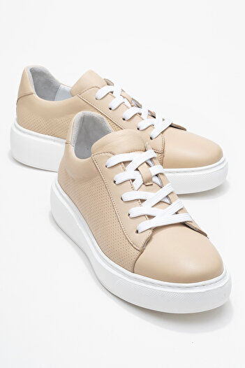 Dericlub Dericlub Women's Thick Sole Lace-Up Casual Shoes Real Leather Cr 2627 Beige