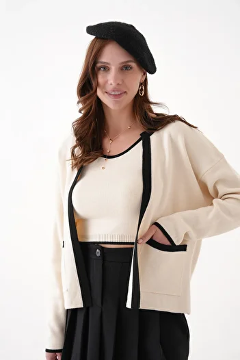 SHEMALL LUXURY Women's Color Block Beige Cardigan and Blouse Two Piece Set