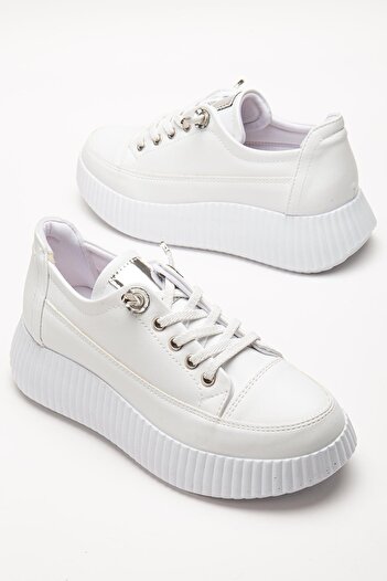 Dilimler Ayakkabı Women's Casual Sports Shoes White Elastic Lace-Up Thick Sole