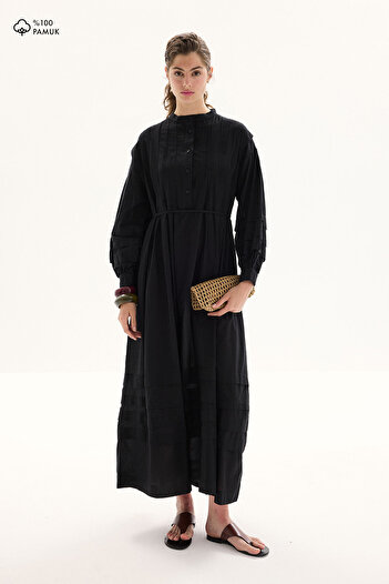 Hooopstore Nervür Voile Long Black Dress