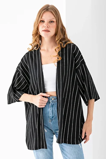 GİYSA Women's Half Sleeve Striped Wrap Kimono Black - 254406