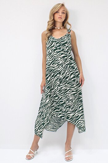 Trend Alaçatı Stili Women's Walnut Green Asymmetric Cut Strap Ring Detail Comfortable Fit Woven Viscose Dress Alc-X14203