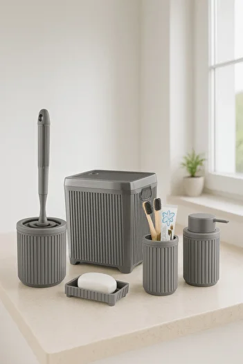 Sas Haus Σετ μπάνιου Lines Series Grey, 5 τεμαχίων ακρυλικός κάδος απορριμμάτων 5 λίτρων, σαπουνάδα, σετ βούρτσας - 3088