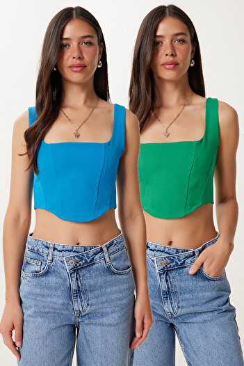 Happiness İstanbul Grüne blaue zweiteilige gewebte Crop-Bluse mit Trägern für Damen MX00220