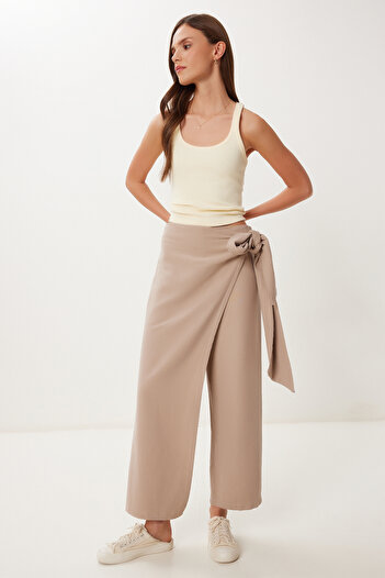 Happiness İstanbul Women's Mink Skirt Look Tie Detailed Linen Trousers Bv00145