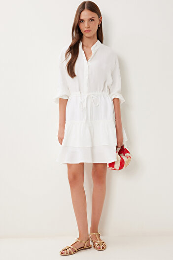 Happiness İstanbul Women's Ecru Flounced Layered Muslin Dress No00022
