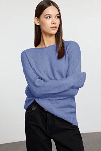 Trendyol Collection Pulover de tricotaj de bază cu gât barcă din lână indigo TWOAW25KZ00010