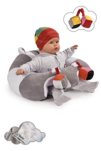 TOKKO Gray White Baby Cushion - Baby Seat with Anti-Tipping Toy - Large Baby Seat