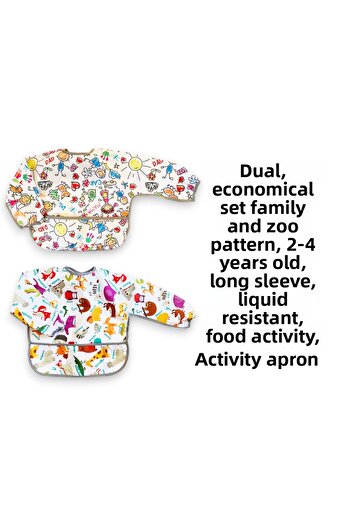 yorni 2 Pieces, Economic Set, 2-4 Years Old, Family and Zoo Pattern, Long Sleeve, Liquid Proof, Pocket, Baby Bib