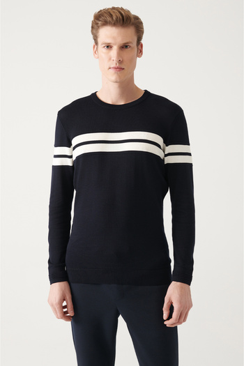 Avva Men's Navy Blue Crew Neck Soft Button Knitwear Sweater A31Y5109