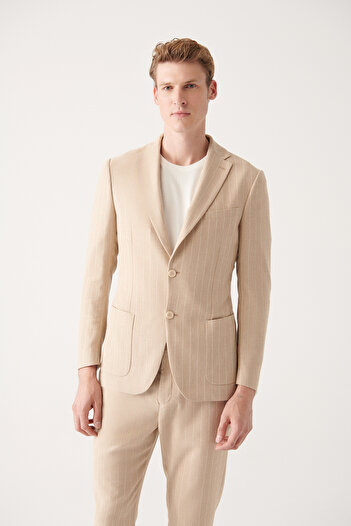 Avva Men's Beige Linen Blended Unlined Double Slit Jacket A31Y4022