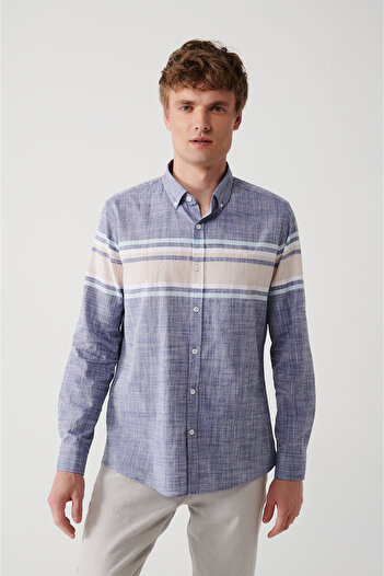 Avva Men's Navy Blue 100% Cotton Linen Look Patterned Shirt A31Y2302